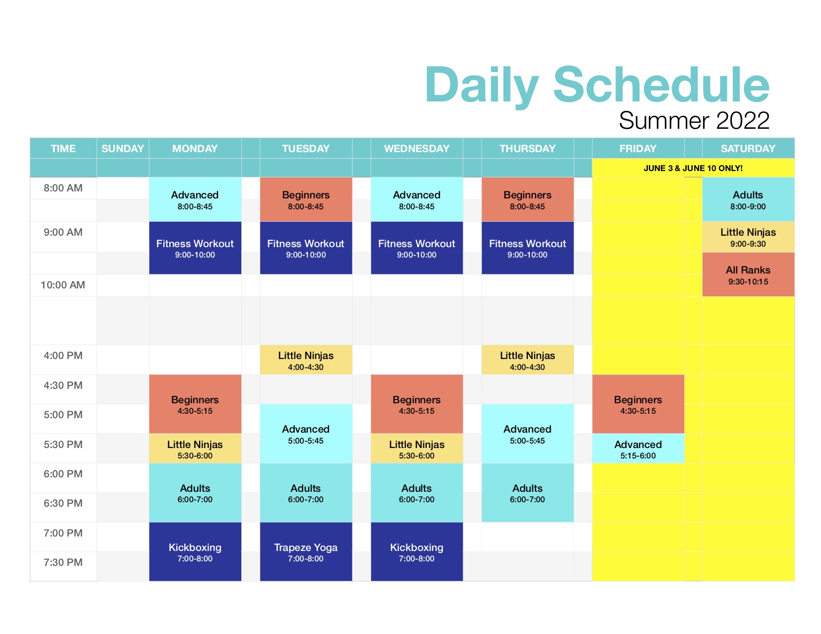 Class Schedule Summer 2022
