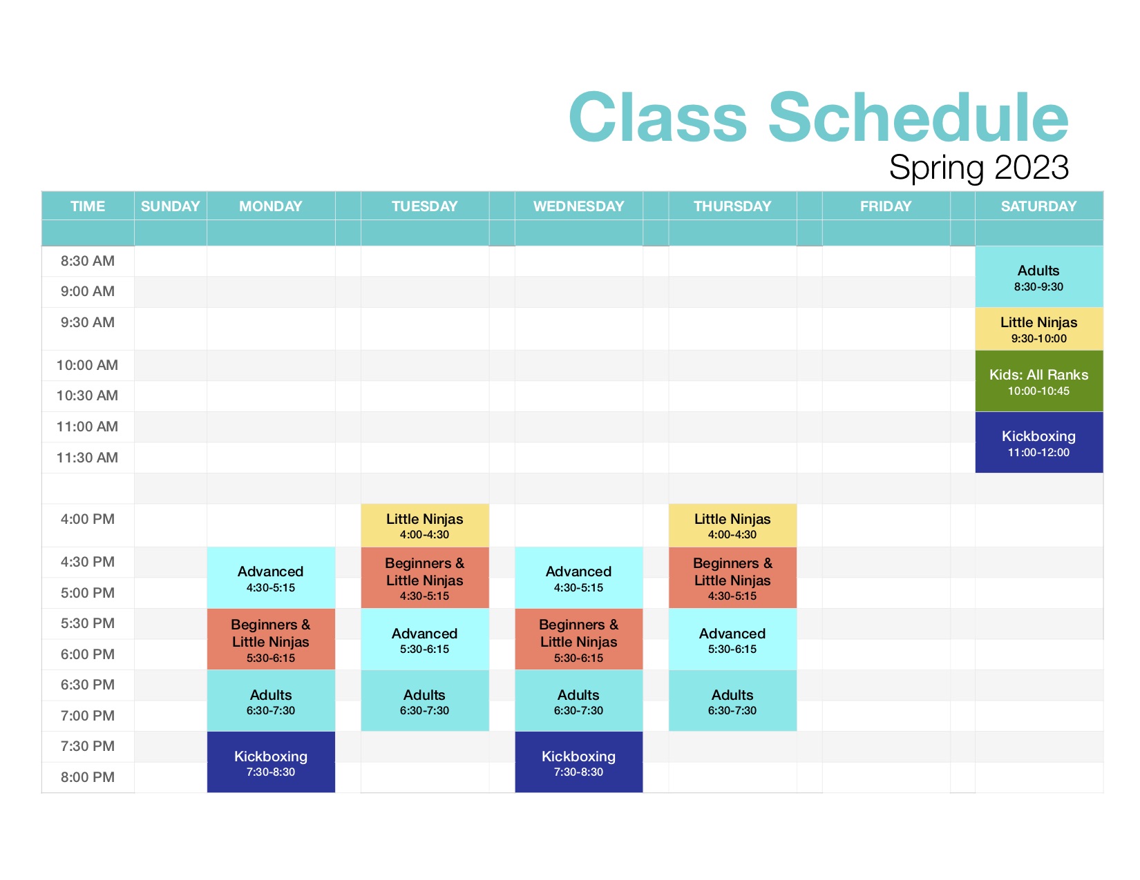 Class Schedule Spring 2023